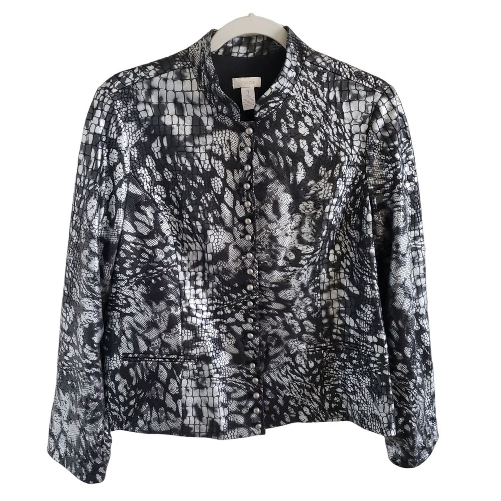 Chico's Woman Size M (chico 1) Silver and Black Snake Print Blazer Snaps Lined